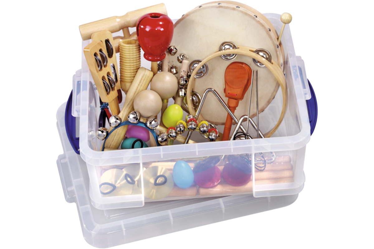 Klassenset muziekinstrumenten in kist